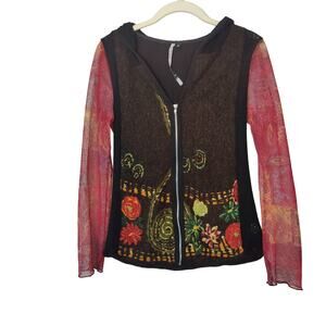 Just Living Y2K Sz 2 Full Zip Sweater Sheer Tattoo Sleeves Hooded Made in USA